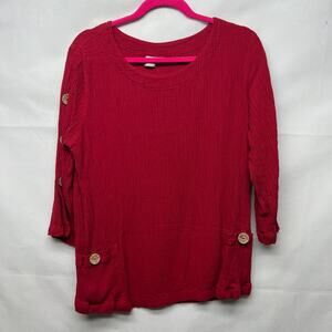 Focus Vintage Linen Cotton Blend Red 3/4 Sleeve Women's Top Size Large